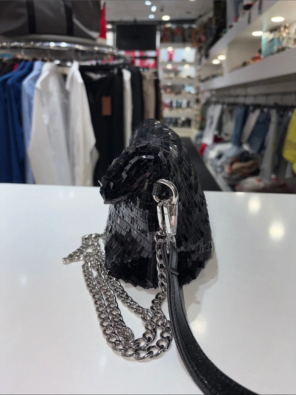 Sparkling Black Sequin Clutch with Silver Chain Strap